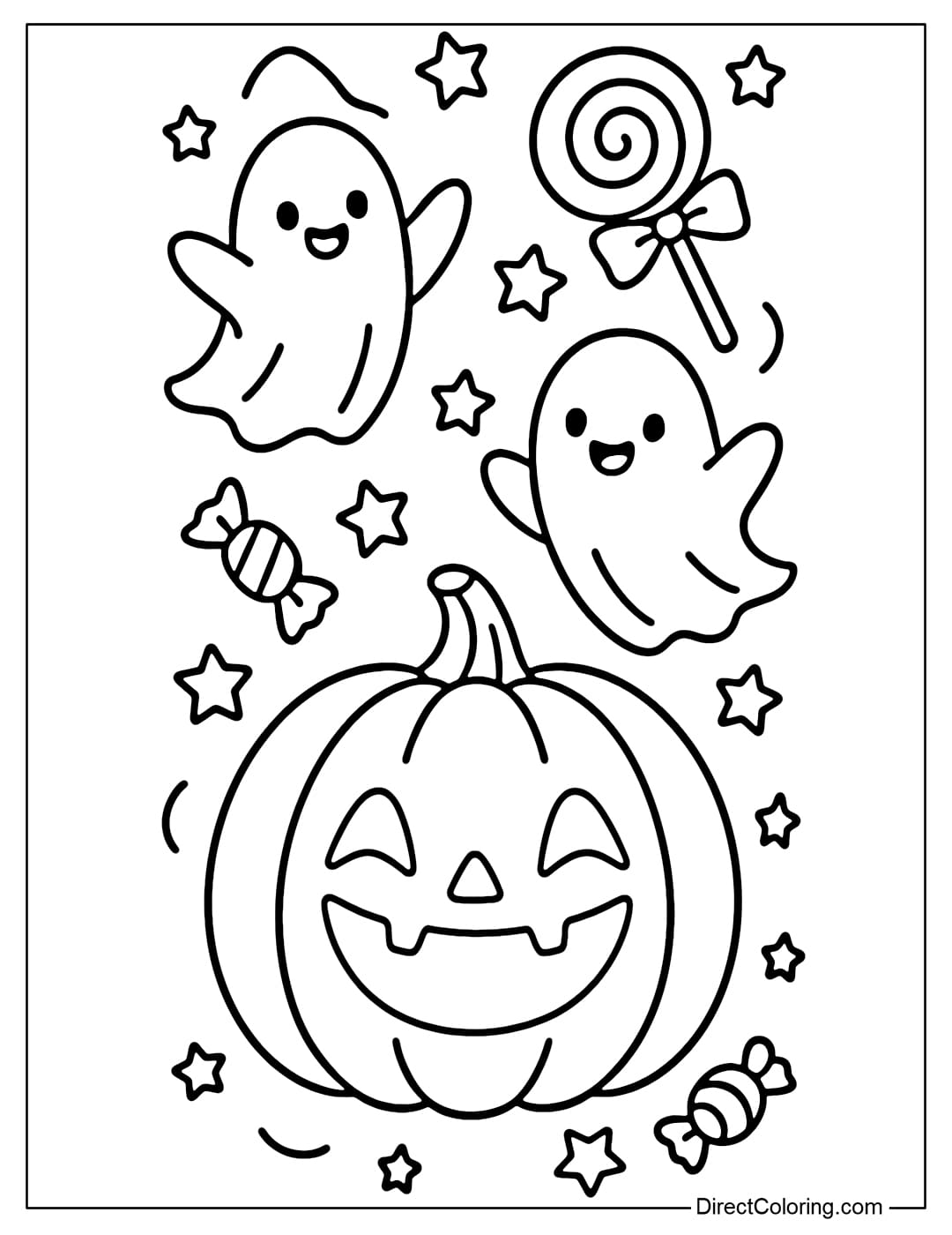 A Halloween bookmark coloring page with a mischievous smiling pumpkin and a flying ghost, accompanied by stars and candy.