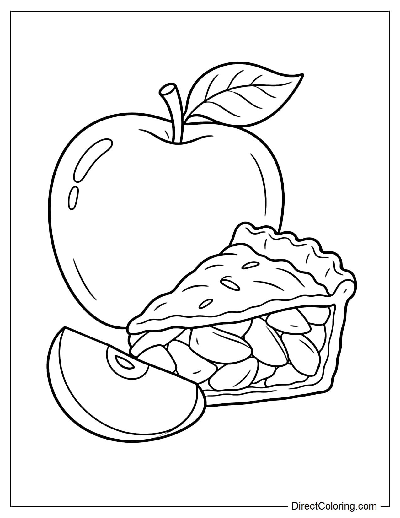 A large whole apple beside a slice of apple pie, with a small apple slice placed in front.