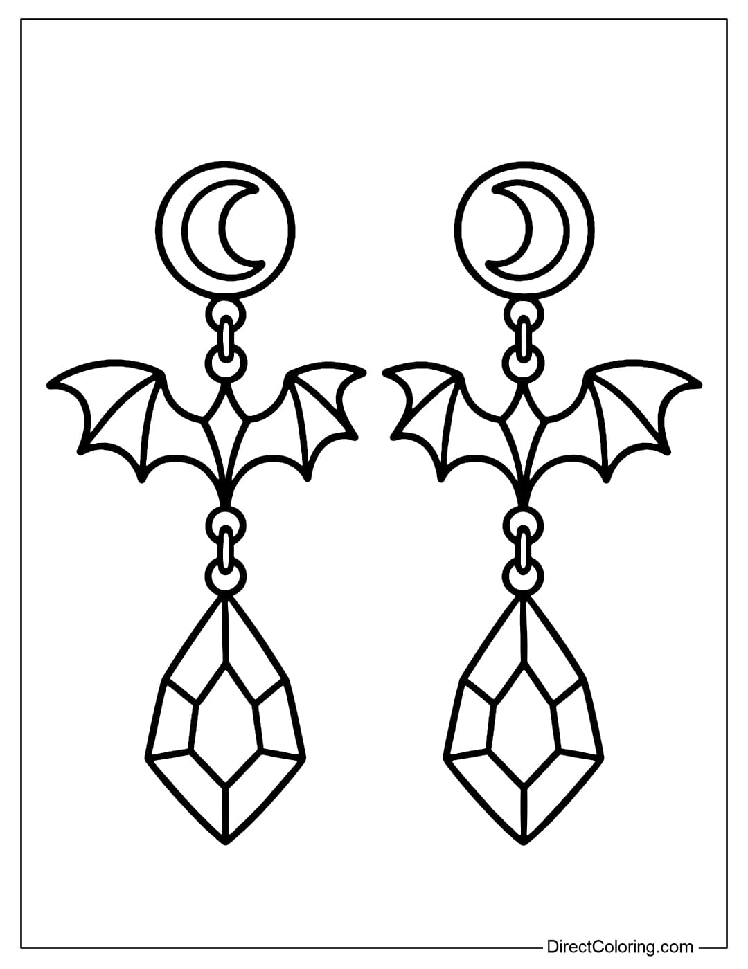 Coloring page for a pair of bat-wing earrings, the top part is a crescent-shaped gem, the bottom part is decorated with crystal beads.