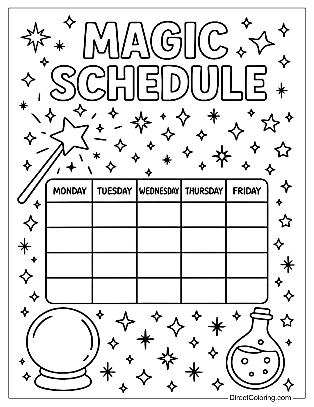 A magical schedule coloring page with a magic wand and a magical schedule.