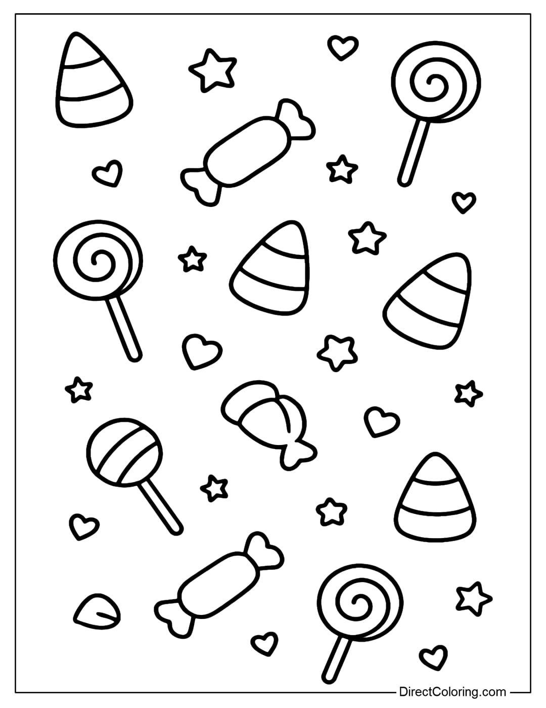 A Halloween background coloring page with candy falling like rain: candy corn, lollipops, swirly candies.