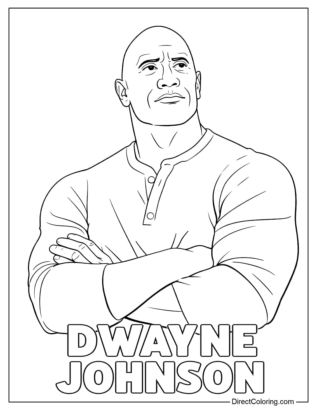 Coloring page of Dwayne The Rock Johnson standing upright with his arms crossed in front of his chest.