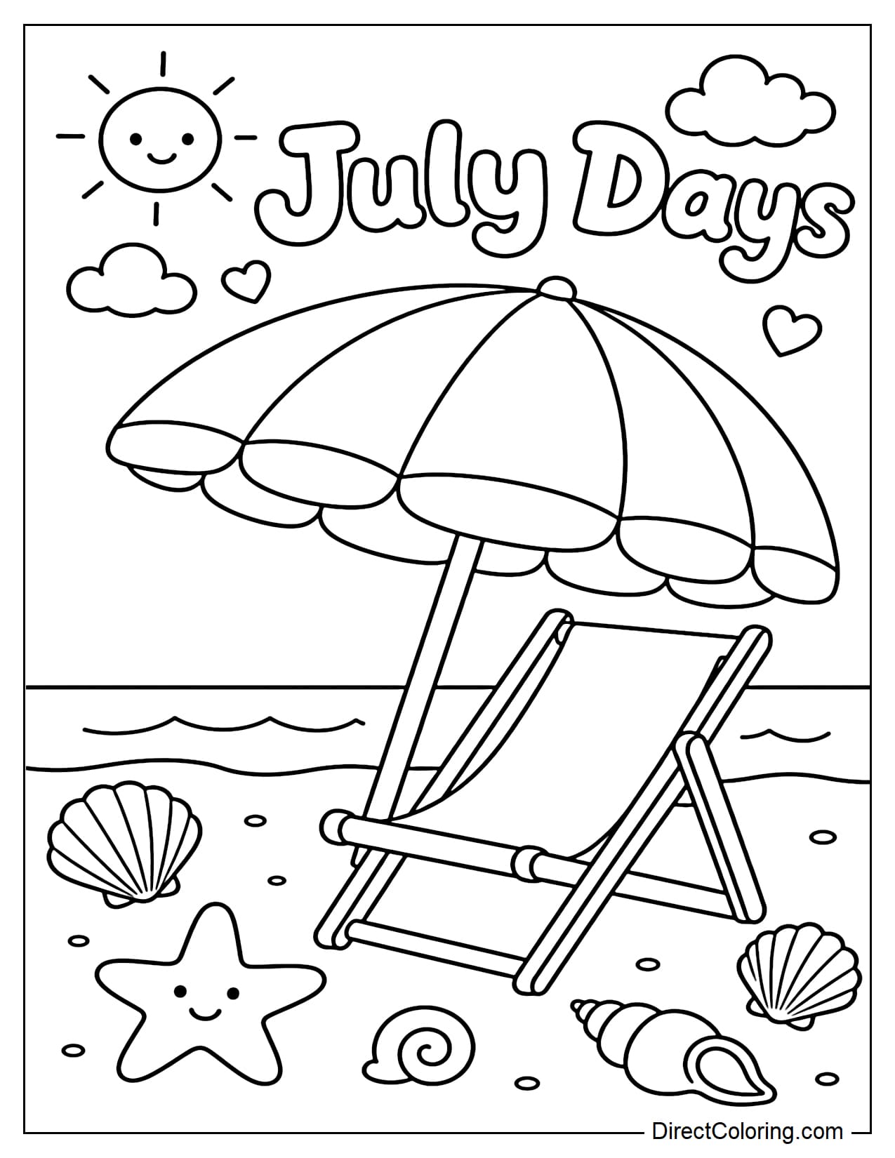 A large sun umbrella on the beach with a simple lounge chair, surrounded by seashells and starfish, with the words 