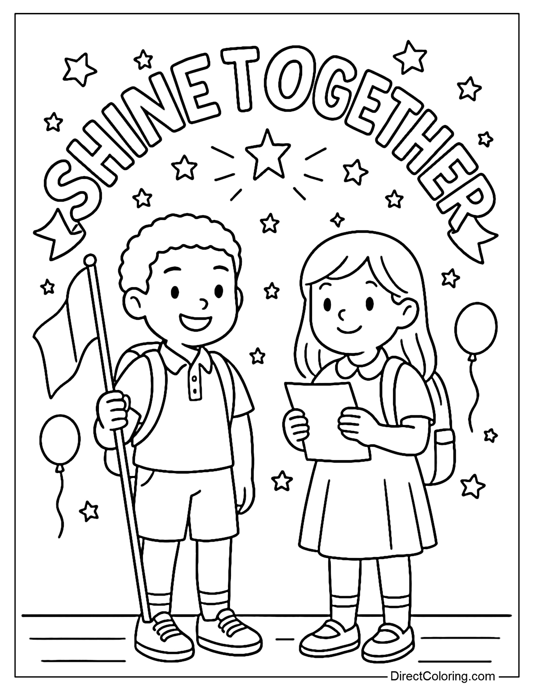 A coloring page of two students standing together on stage during a flag-raising, flag-raising, or speech. The words Shine Together with star and ribbon details.