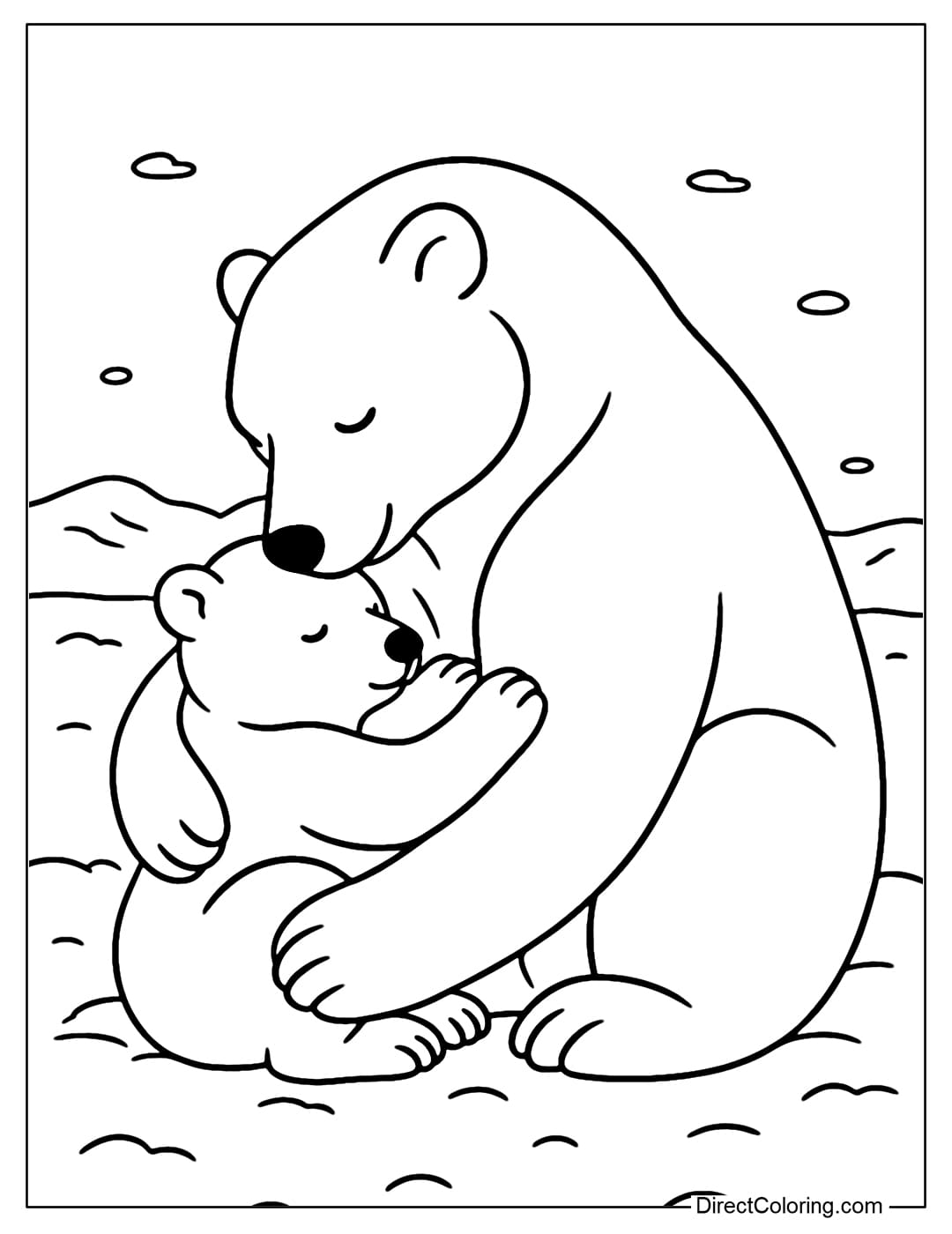 Coloring page of a mother bear cuddling her cub in the snow.