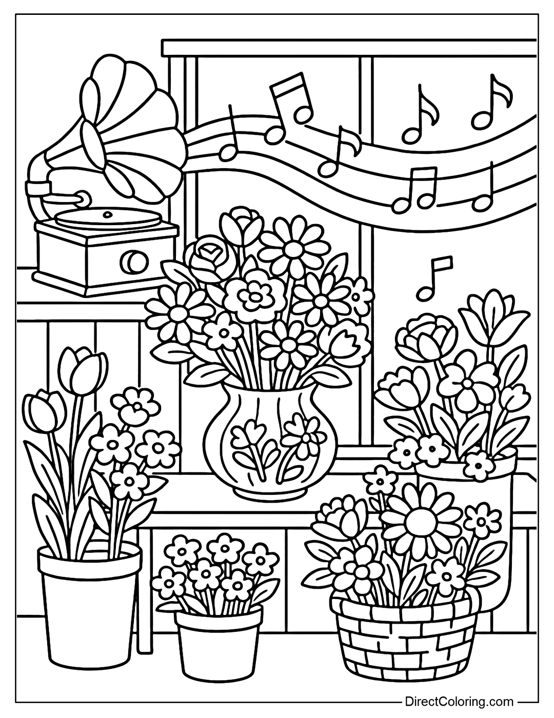 A flower shop coloring page that turns music into color, speakers play melodies, petals change color with the notes