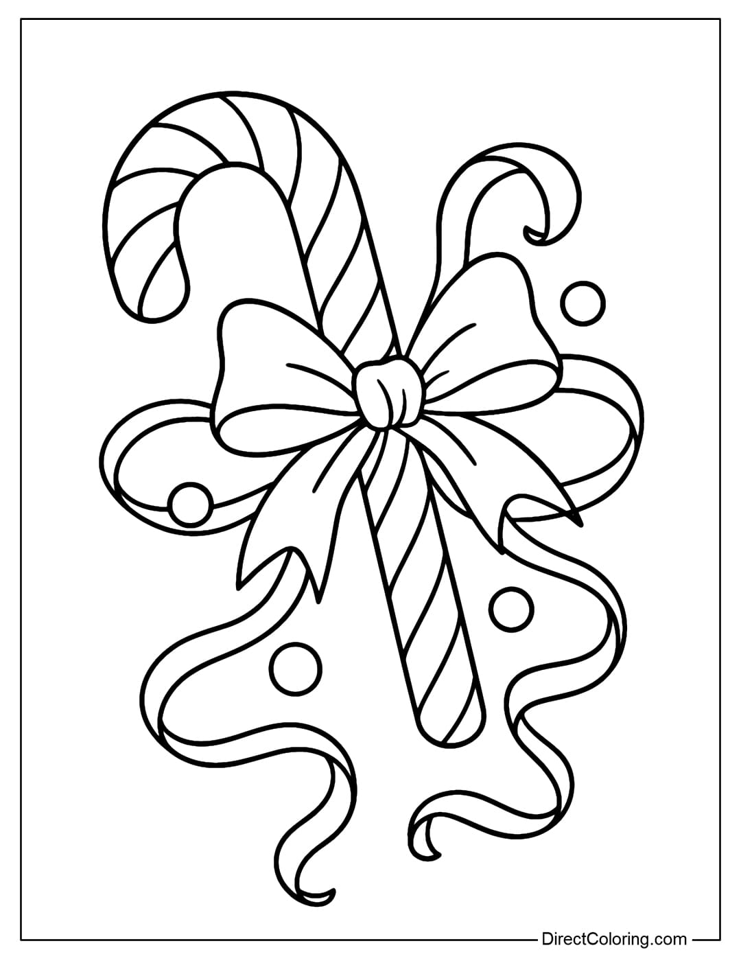 Coloring page of candy cane wrapped in a big bow, winding ribbon.