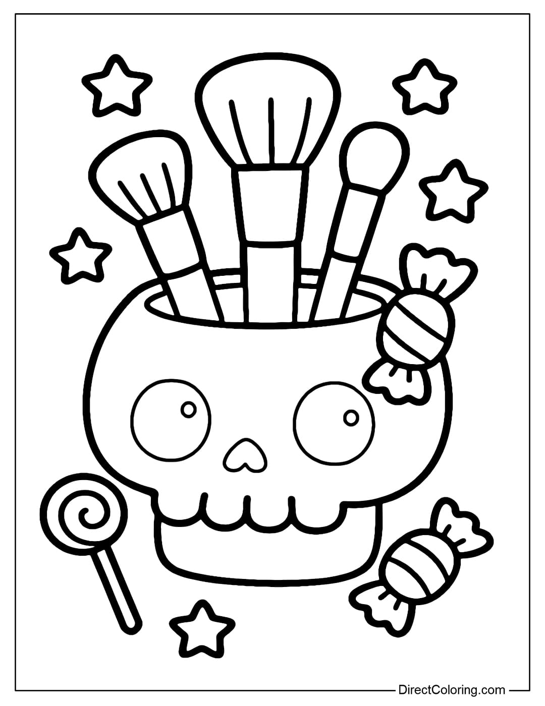 Coloring page for a skull-shaped makeup brush holder with candy and stars around it.