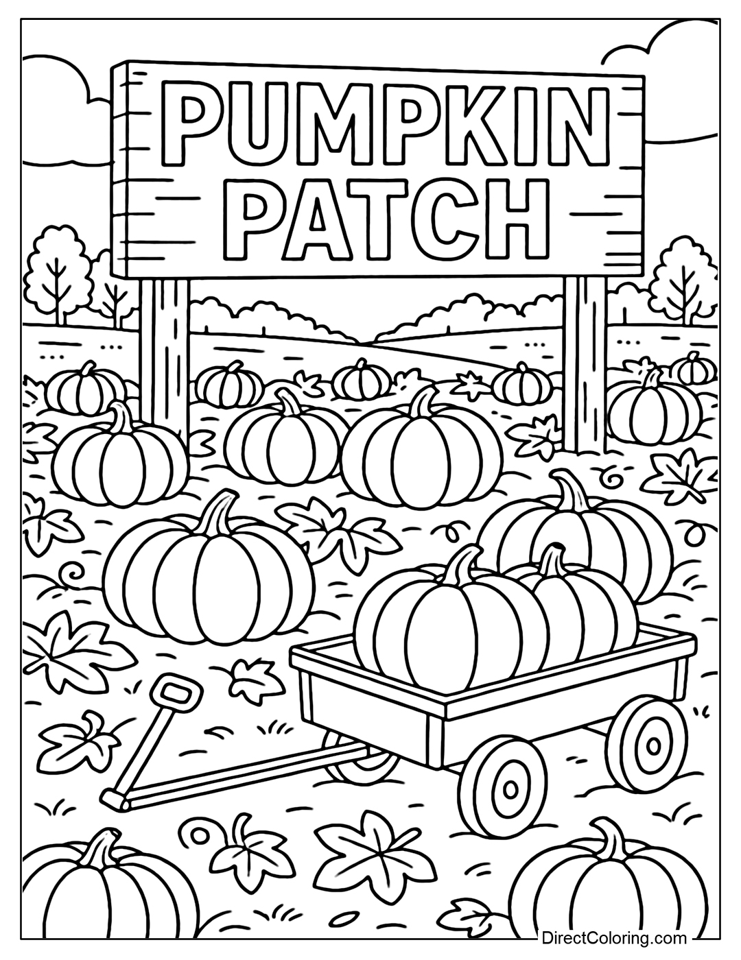 Pumpkin field coloring page, PUMPKIN PATCH wooden sign, pumpkin cart, distant trees.