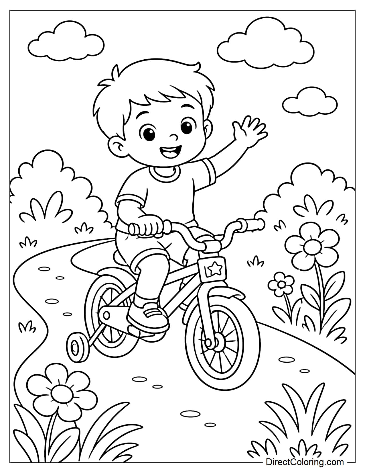 A happy little boy rides his bike with training wheels along a park path. He holds the handlebar with one hand and waves with the other, with small bushes, flowers, and clouds around him.