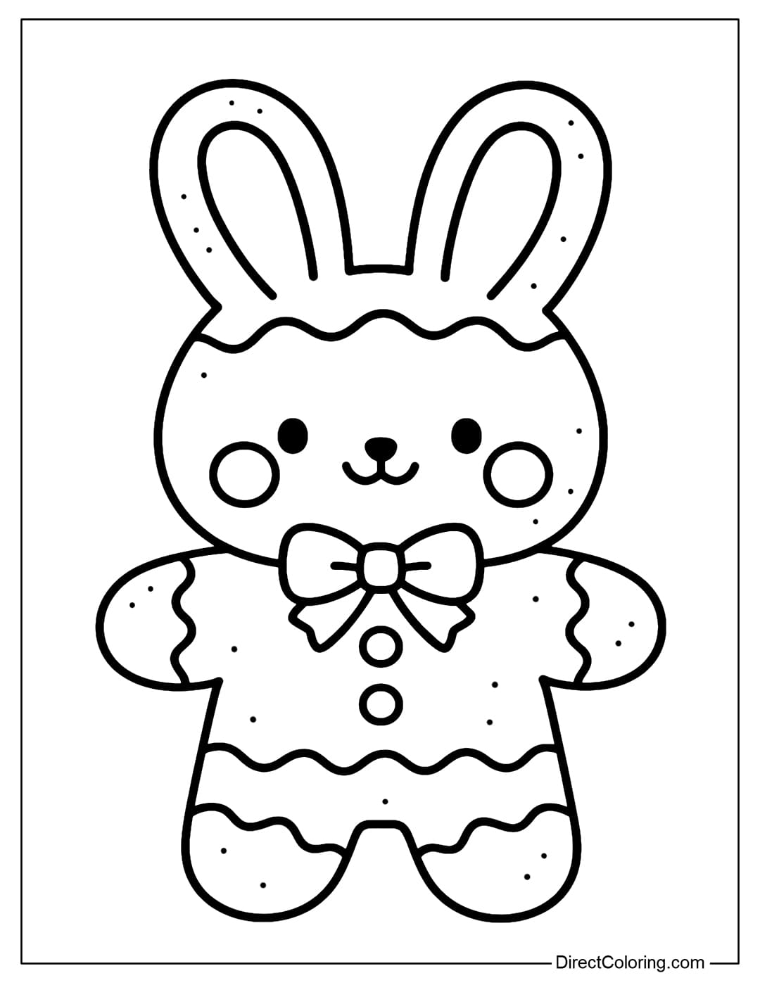 A cute gingerbread cookie coloring page in the shape of a rabbit, with long ears and round cheeks.