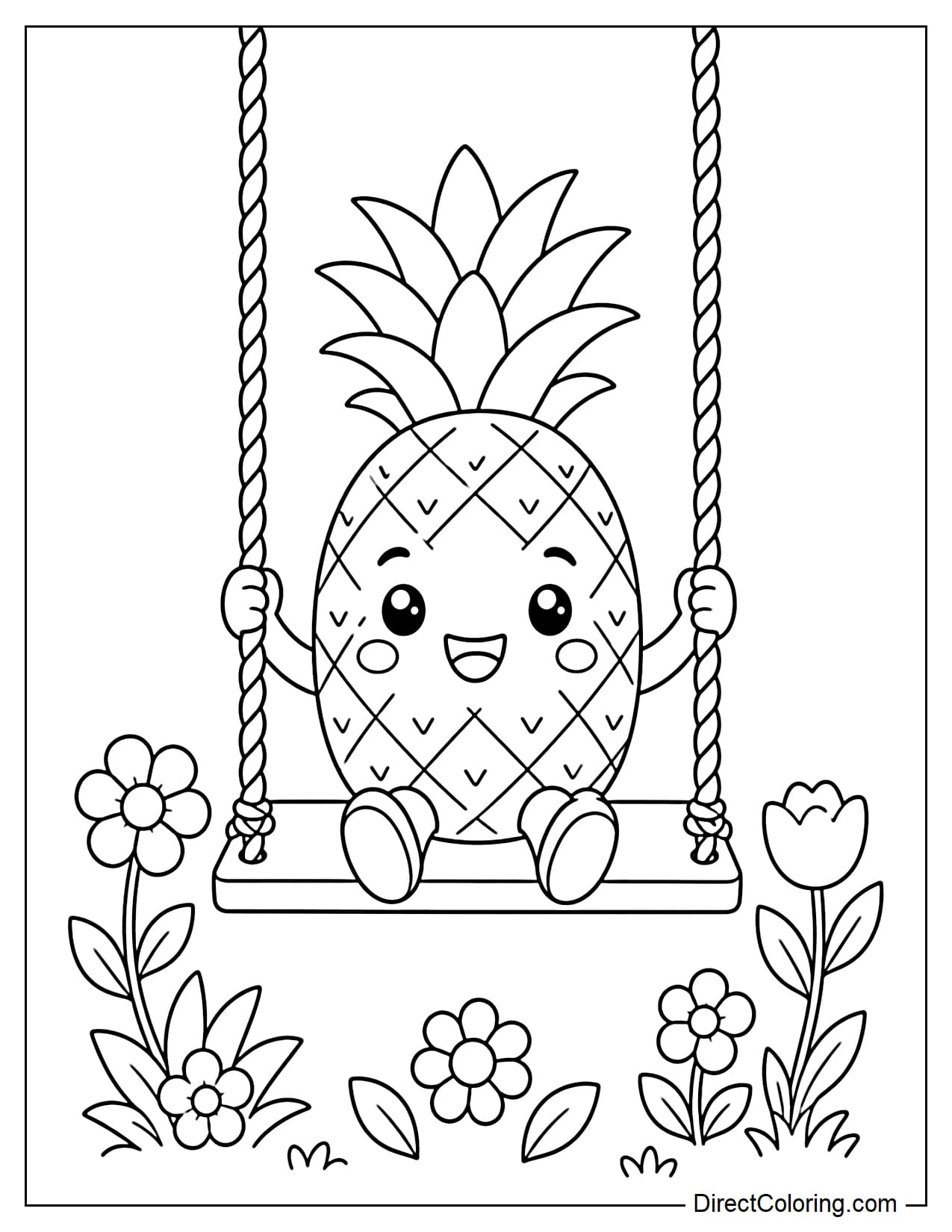 A pineapple is sitting on a swing in a simple garden, surrounded by a few flowers and leaves.