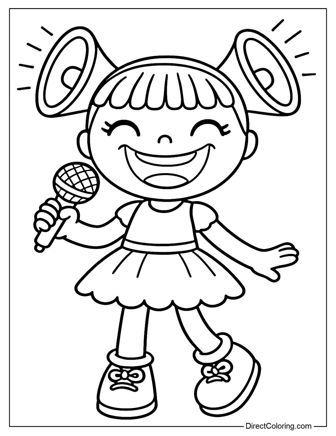 The Gigi doll coloring page has a big smile reaching her ears, holding a microphone, her hair is in 2 big buns shaped like a loudspeaker - showing that she always laughs very loudly.