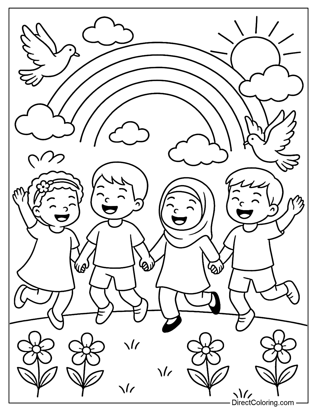 Coloring page of the sky after the rain, the sun is shining, children are jumping up and down with joy.