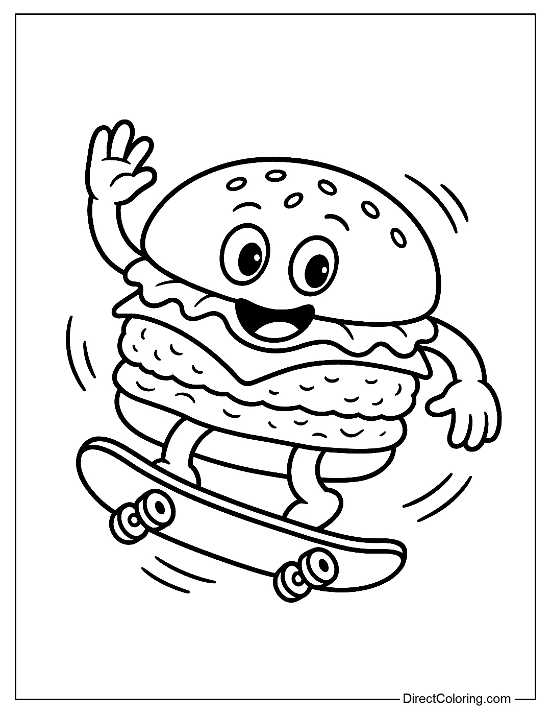 Coloring page of a hamburger skateboarding with acrobatic moves