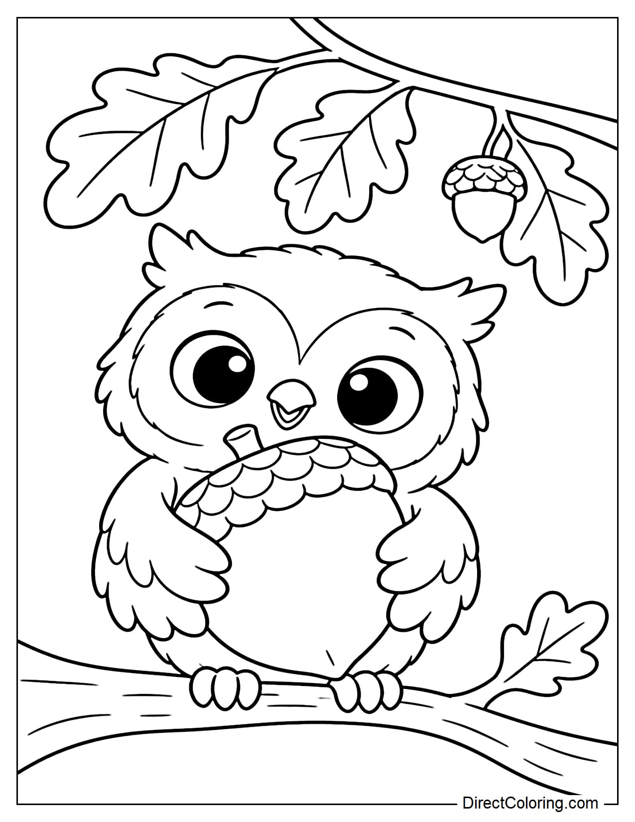 A small owl perched on a low oak branch, hugging a giant acorn against its belly with both wings, with three large oak leaves above and one small acorn hanging from the branch.