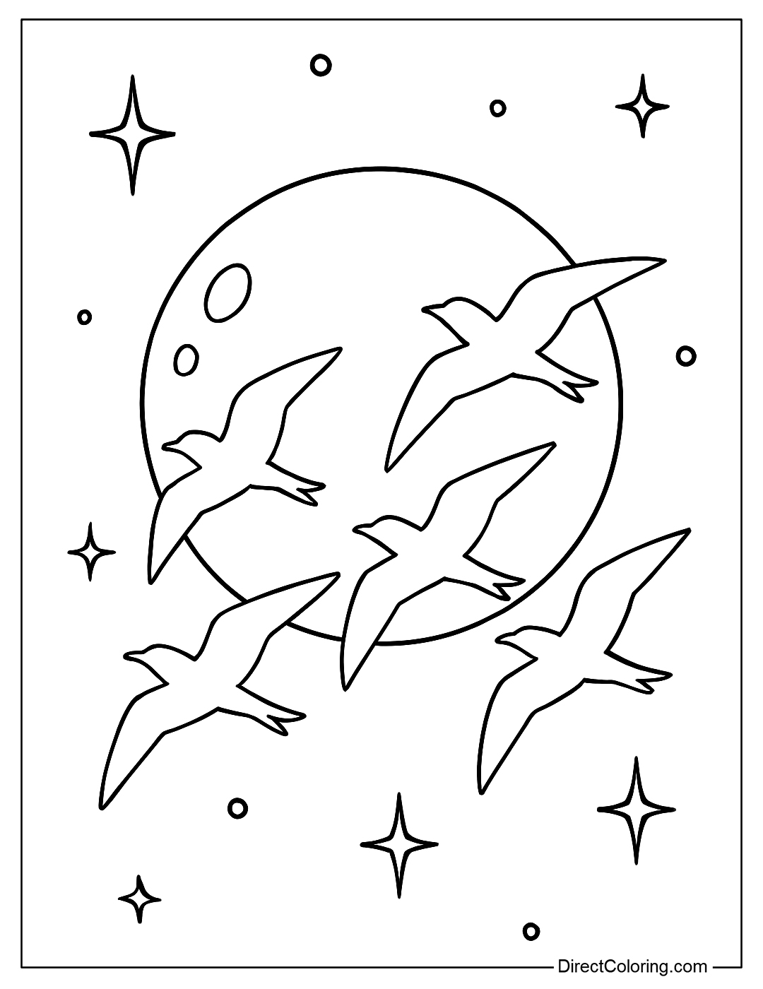 Coloring page of birds flying over the full moon under the starry sky