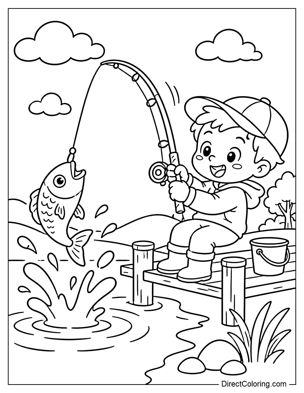 A child trying to pull up the rod with a giant fish jumping out of the water, creating a simple splash, the rod bends sharply.