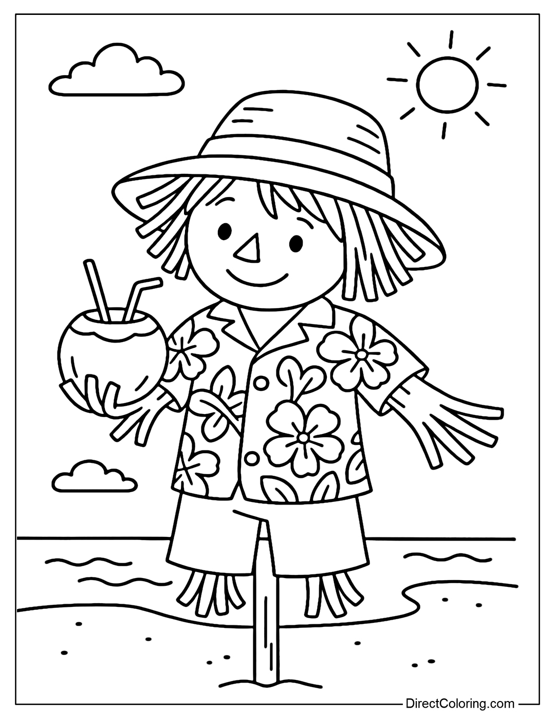 Scarecrow coloring page wearing shorts and a Hawaiian shirt, holding a glass of coconut water, standing on the beach with an umbrella.