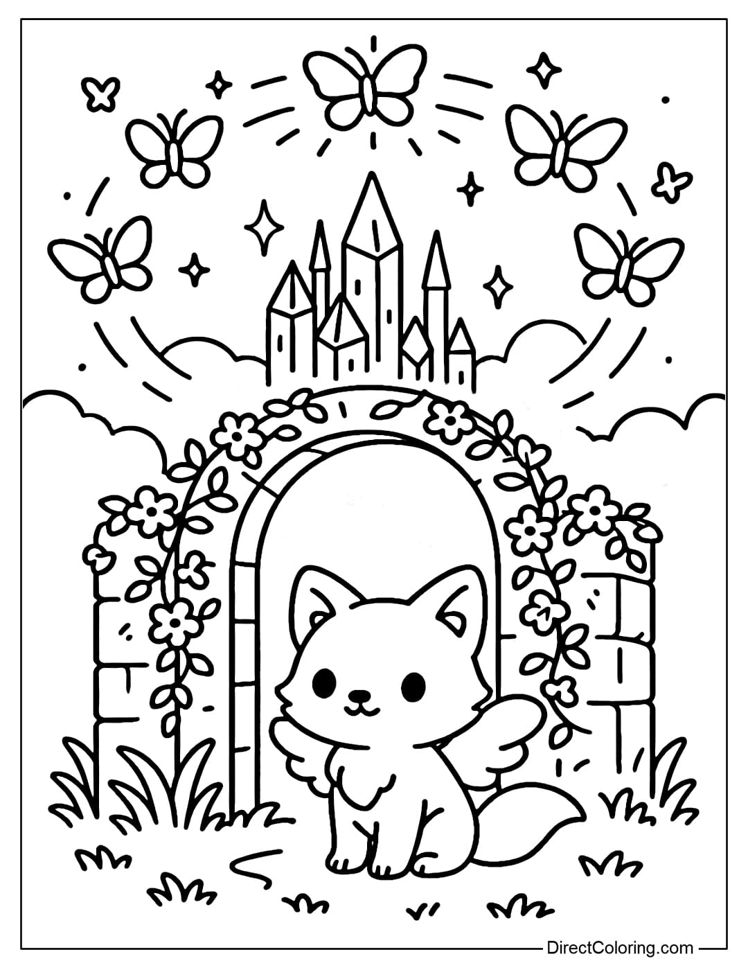 A coloring page of a little fox with soft wings, standing guard at the fairy stone gate.