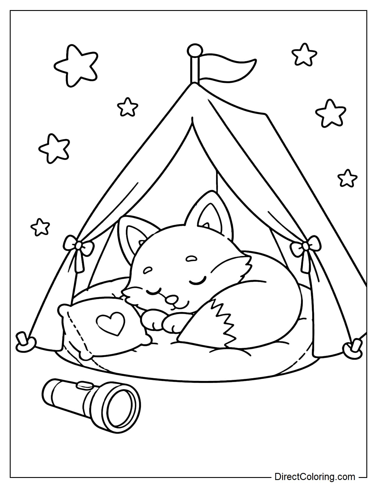 A cute fox is sleeping soundly inside an open tent, with a small pillow, a flashlight, and some stars beside it.