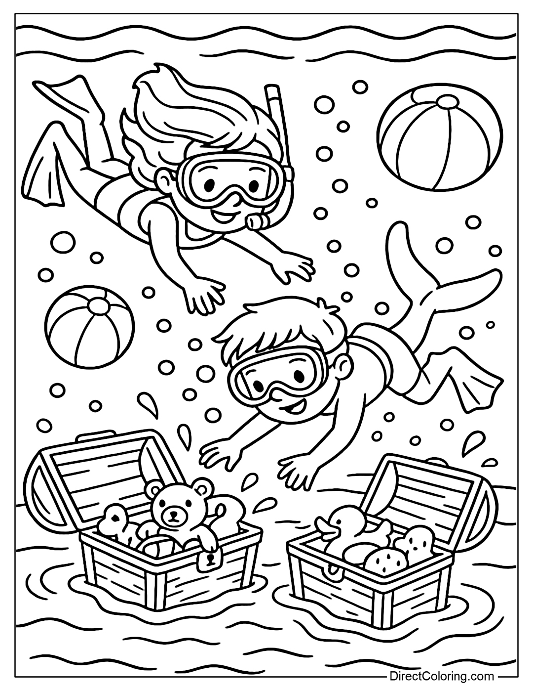 Coloring page of children diving underwater to find toy treasures at the bottom of the pool.