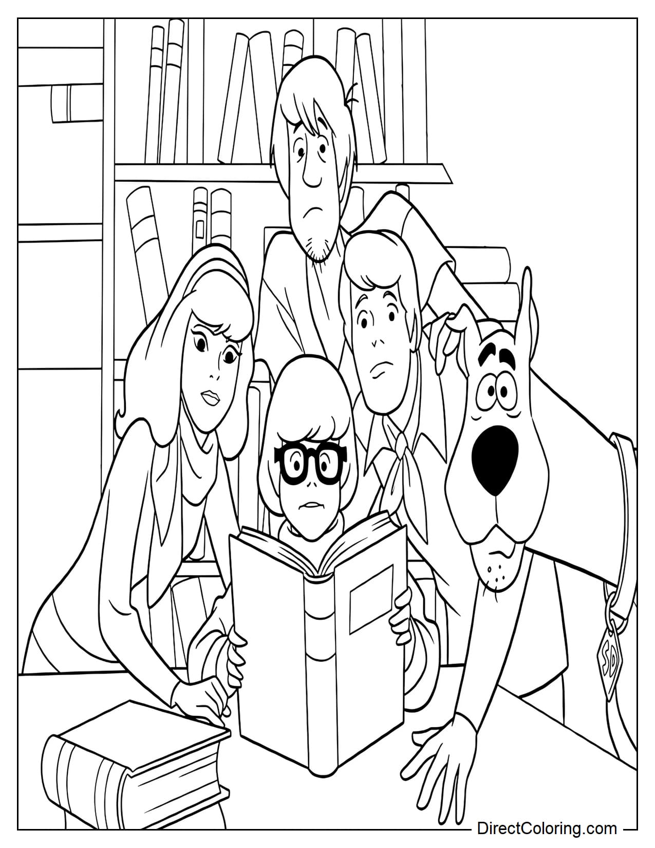 The five Mystery Inc. members, Velma, Daphne, Shaggy, Fred, and Scooby-Doo, are gathered around a large open book inside a library, looking excited and curious while discovering a mystery.