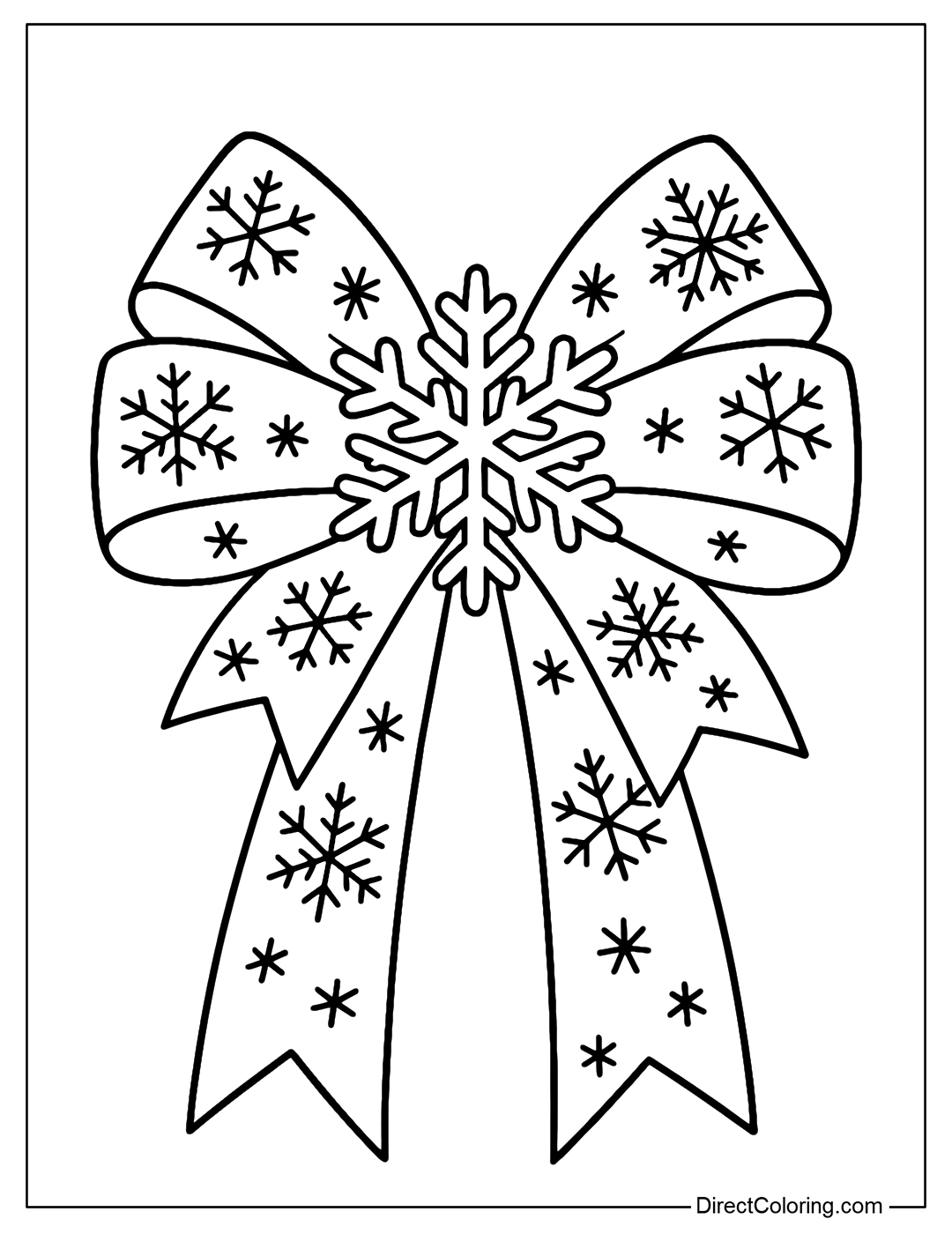 A bow coloring page with many layers of snowflake motifs. The center of the bow has a large stylized snowflake.