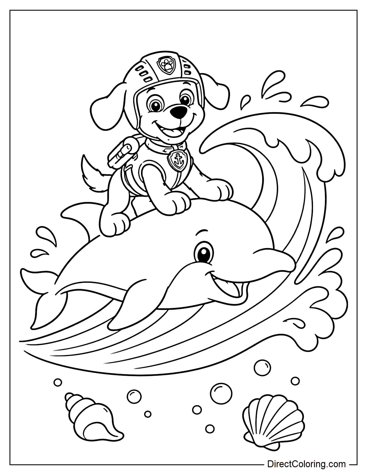 Zuma rides on the back of a friendly dolphin surfing over a big curling wave, with bubbles and seashells below.