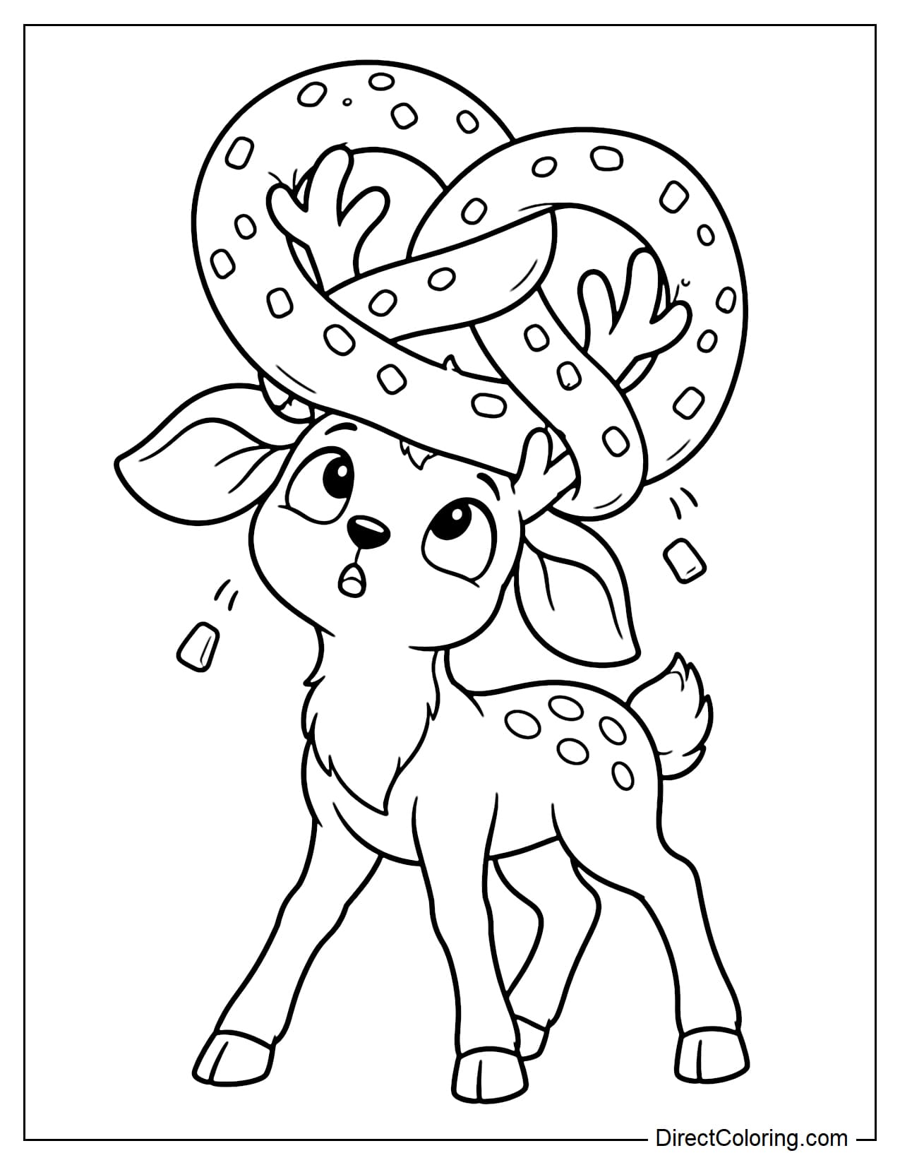 A deer with a giant thick pretzel tangled around its antlers, looking up at it with a puzzled expression.