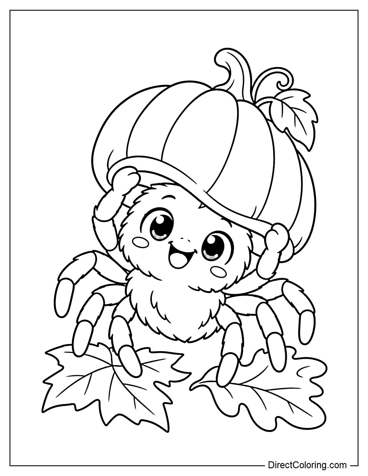 A cute little spider wears a large pumpkin-shaped hat tilted to one side, using its two front legs to keep it from falling, with a few large autumn leaves beneath it.