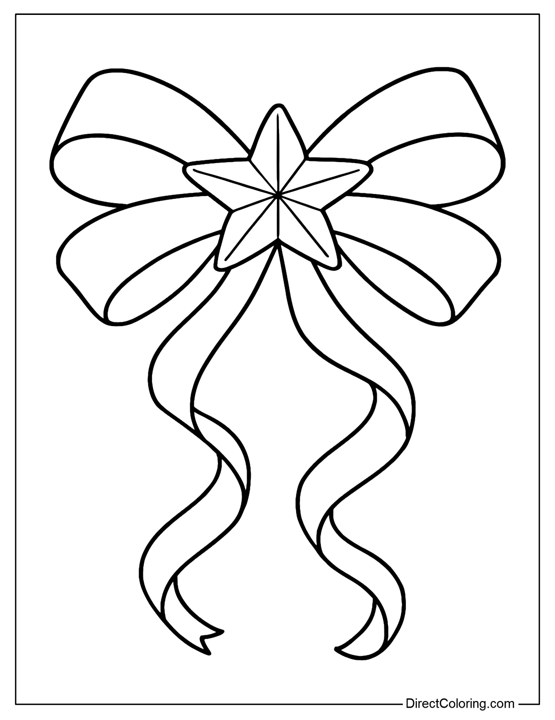 A Christmas star bow coloring page includes bow loops arranged in soft curves, with a large five-pointed star in the center.