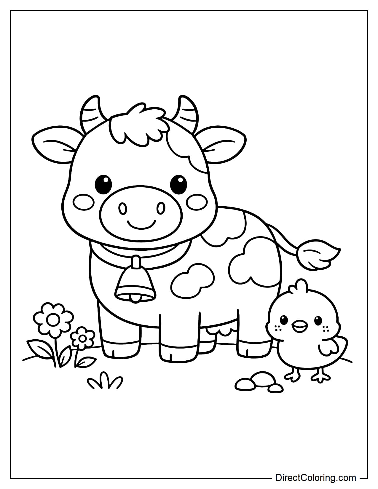 A cow stands with a small chicken next to it.