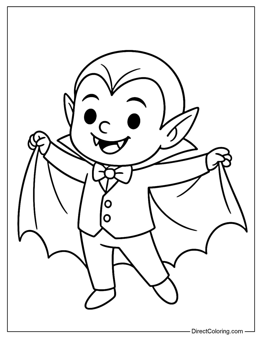 Funny Vampires Coloring Page Coloring page of a small vampire, smiling with fangs, wearing a fluttering cloak.