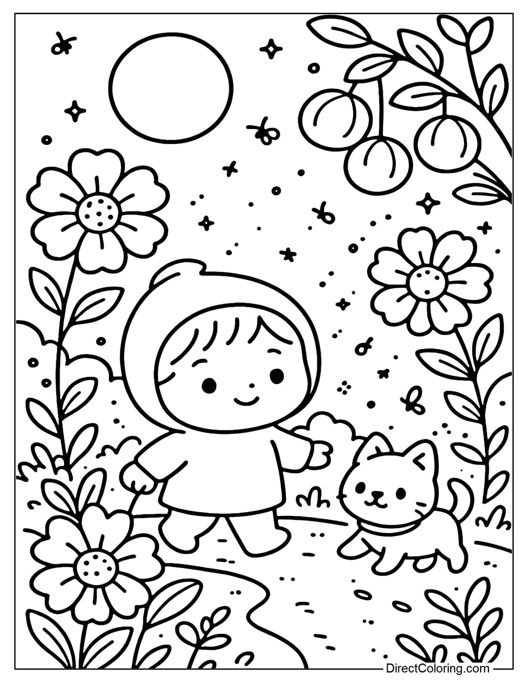 Coloring page of a little baby and pet walking in a fairy garden under the bright moonlight.