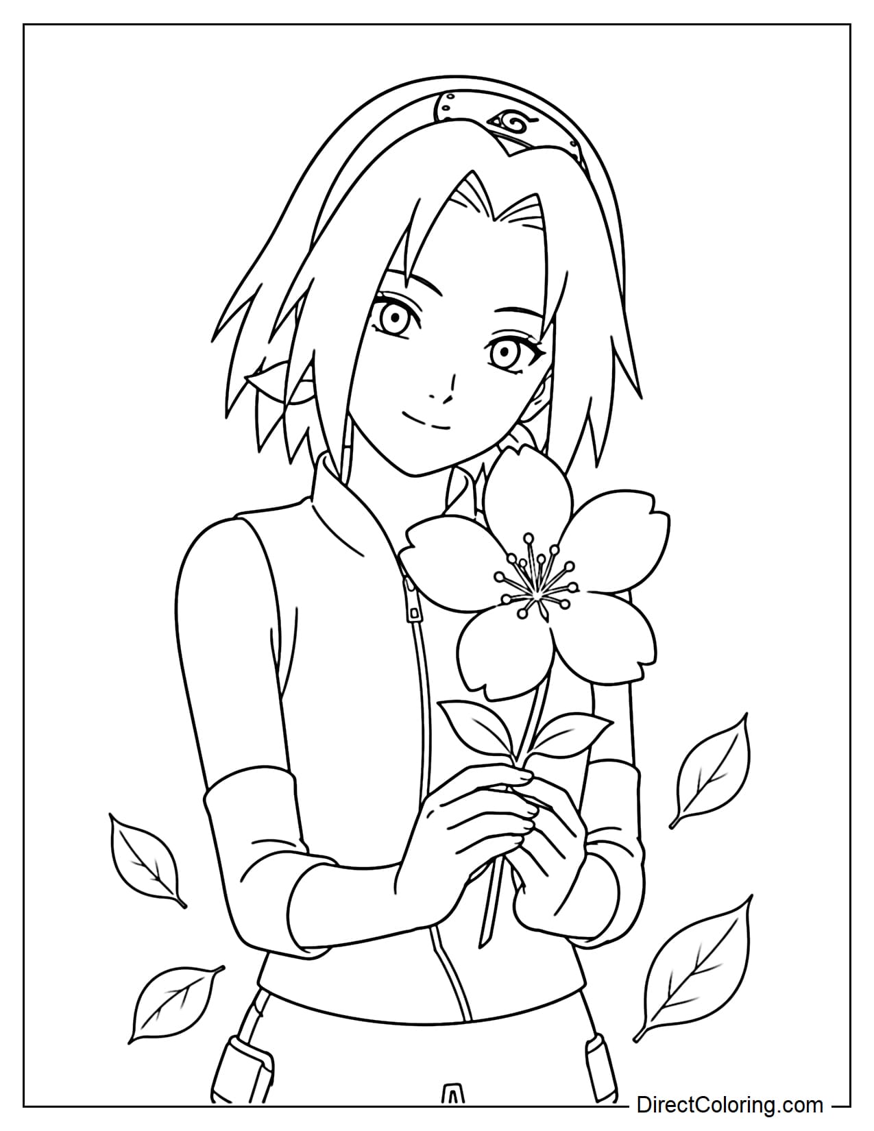 Sakura Haruno holds a large flower and smiles slightly, with a few leaves underneath.