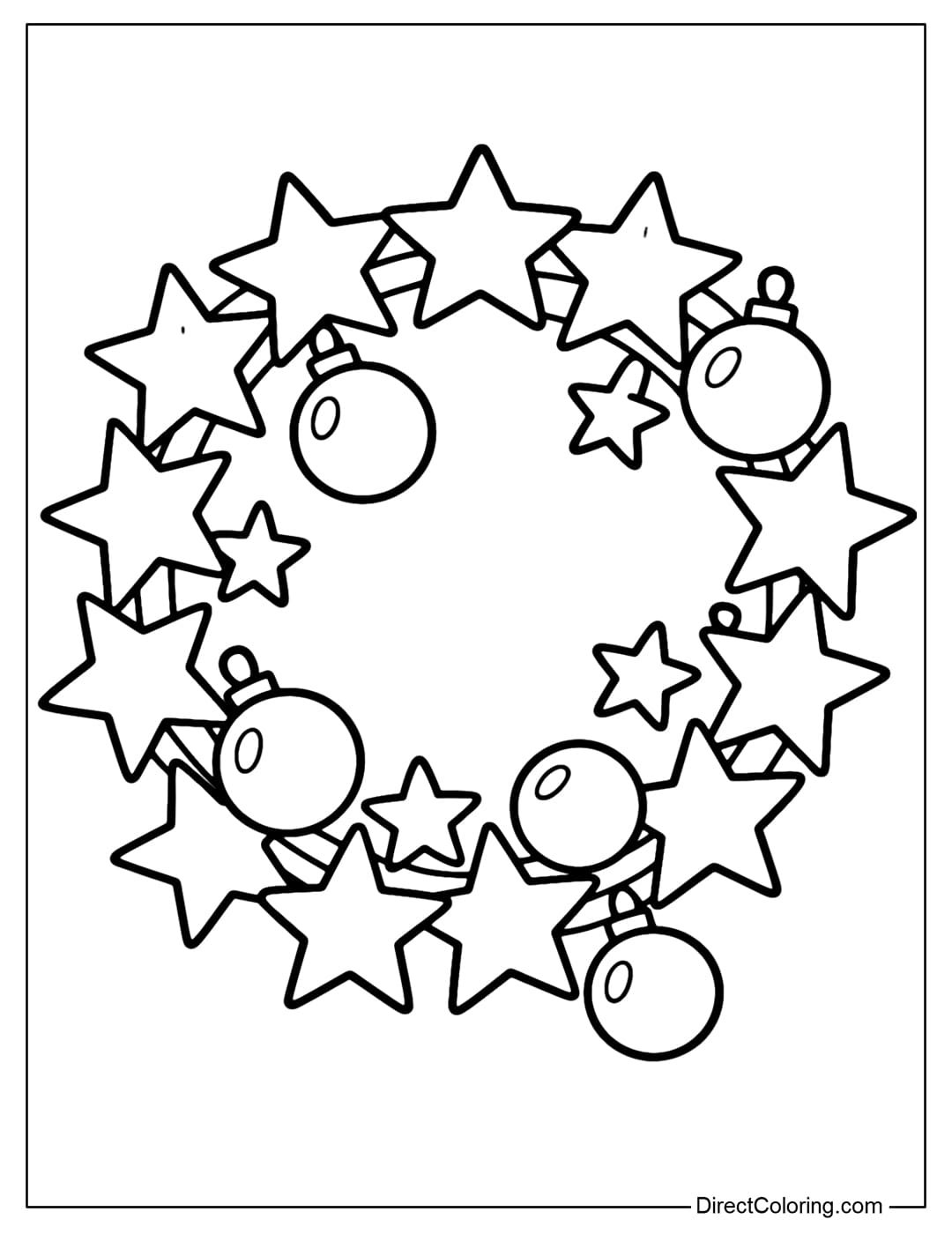 Star Christmas Wreath Coloring Page A laurel wreath coloring page made of five-pointed stars and round balls.