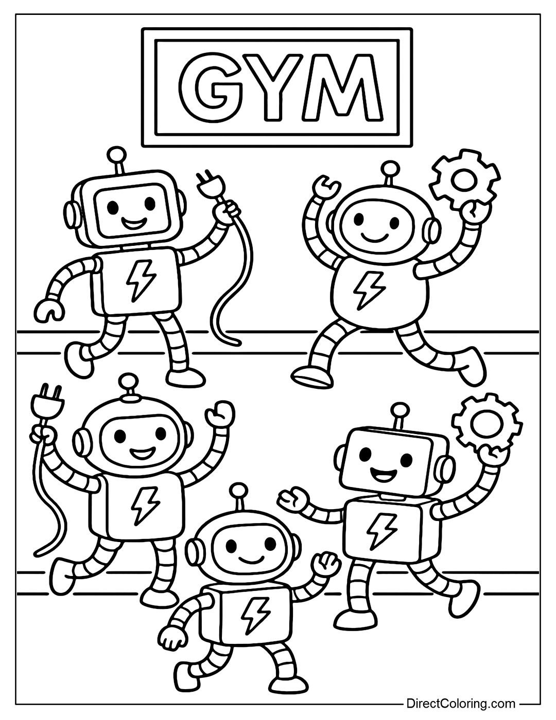A coloring page of a gym class where students are robots, exercising together with charging cables and gears.