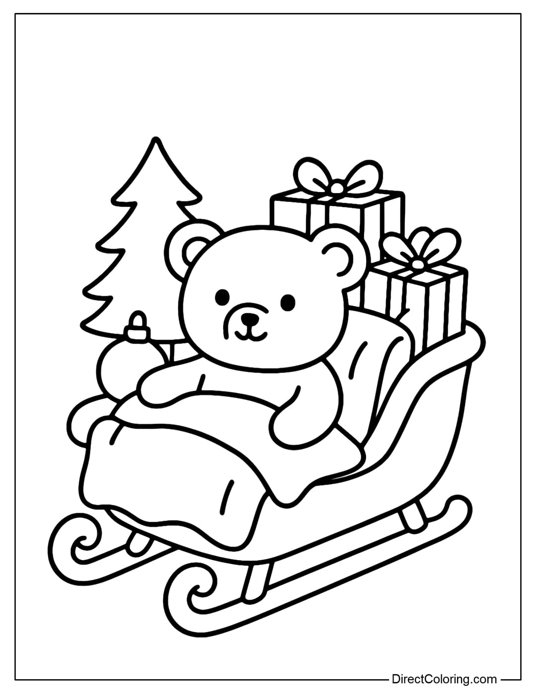A small teddy bear coloring page sitting in a sleigh covered with a red blanket, surrounded by gift boxes, a mini Christmas tree and decorative balls.
