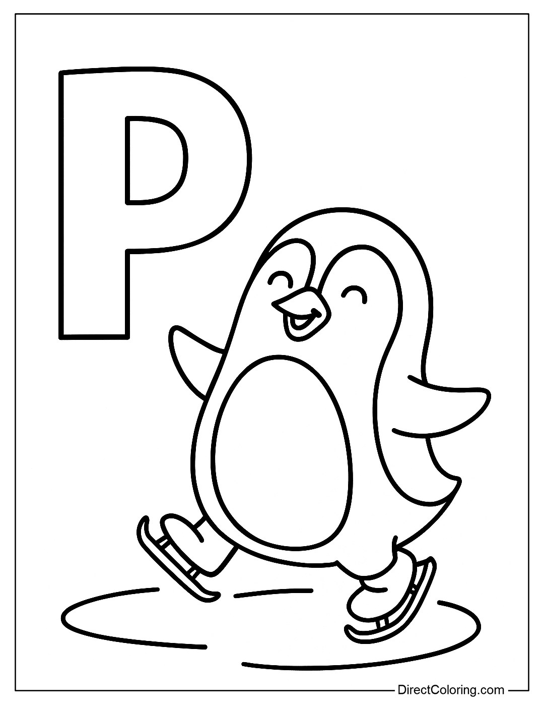 Coloring Page of the letter P and a funny penguin skating