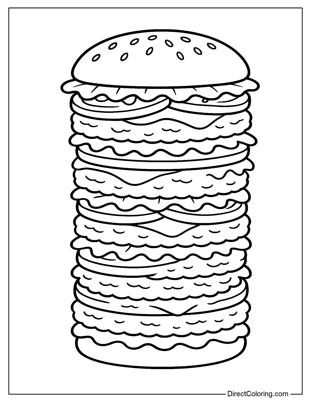 a giant hamburger tower coloring page with many layers and different ingredients