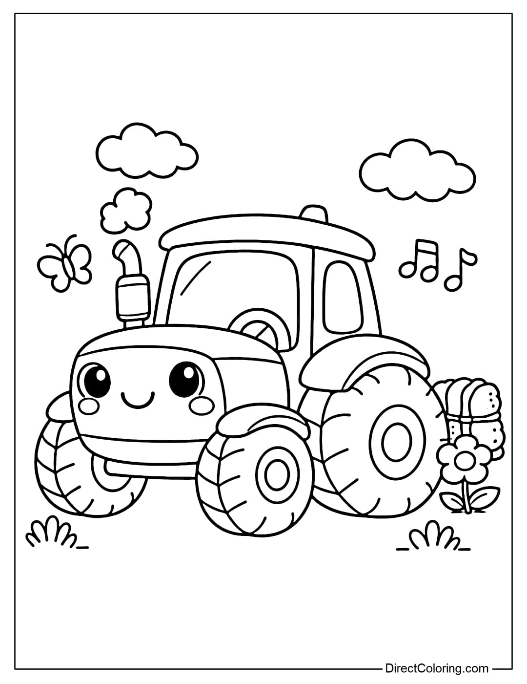 A cute style tractor coloring page with round shapes.
