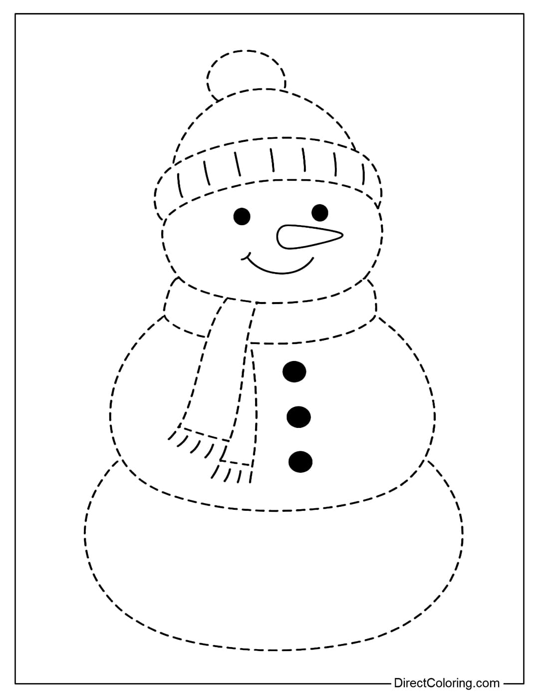 A snowman tracing coloring page with a beanie, scarf, and buttons.