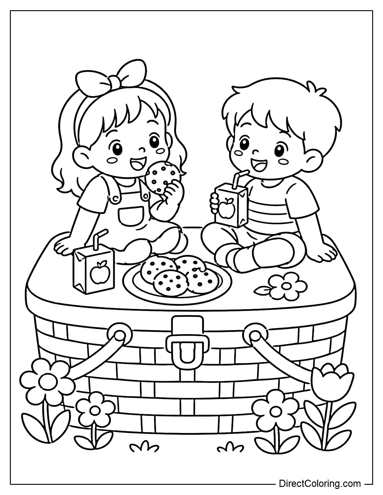 Two children are picnicking on the lid of a giant picnic basket that acts as a small table, with cookies, juice, and some flowers around them.