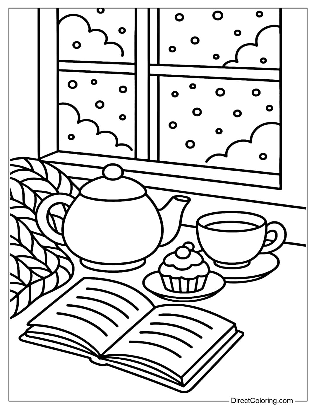 A cozy little corner coloring page with a teapot, cakes, a woolen blanket and an open book, outside the window is a snowy scene.