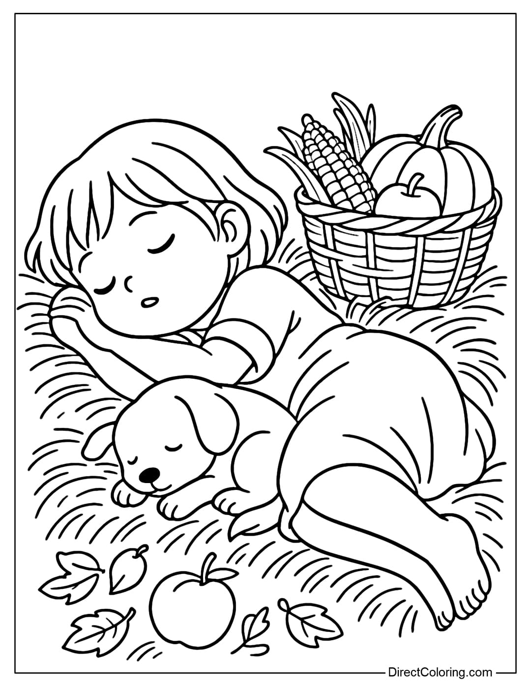A coloring page of a little girl taking a nap on a pile of soft straw, with a basket of corn and pumpkins beside her, and a puppy sleeping with its head on her head.