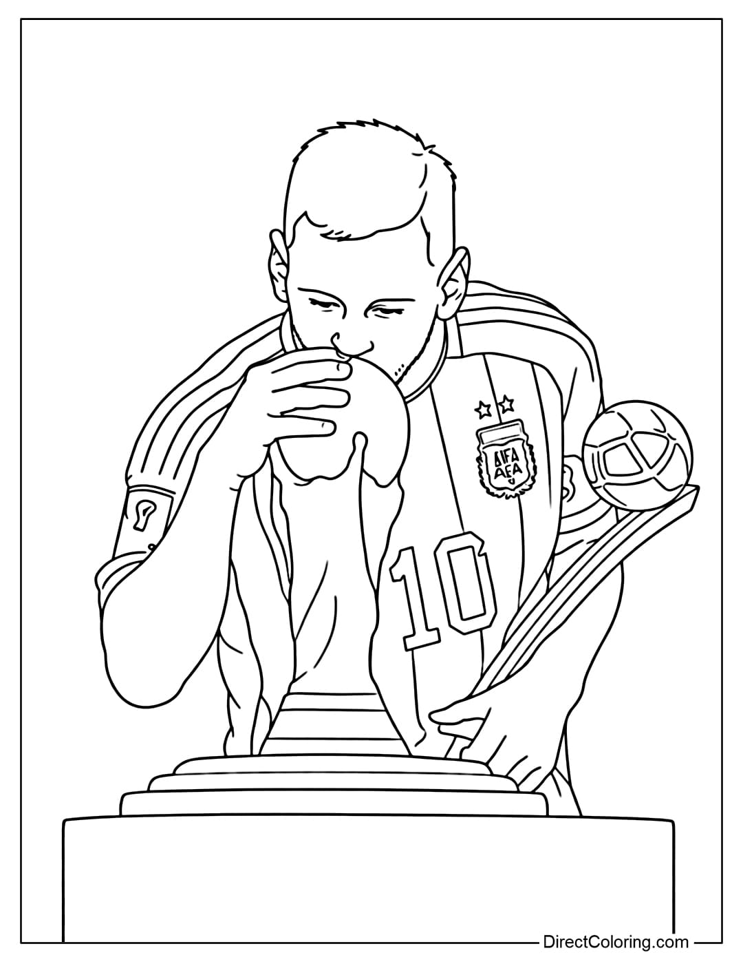 A coloring page of Lionel Messi kissing the prestigious World Cup trophy after winning the 2022 World Cup.