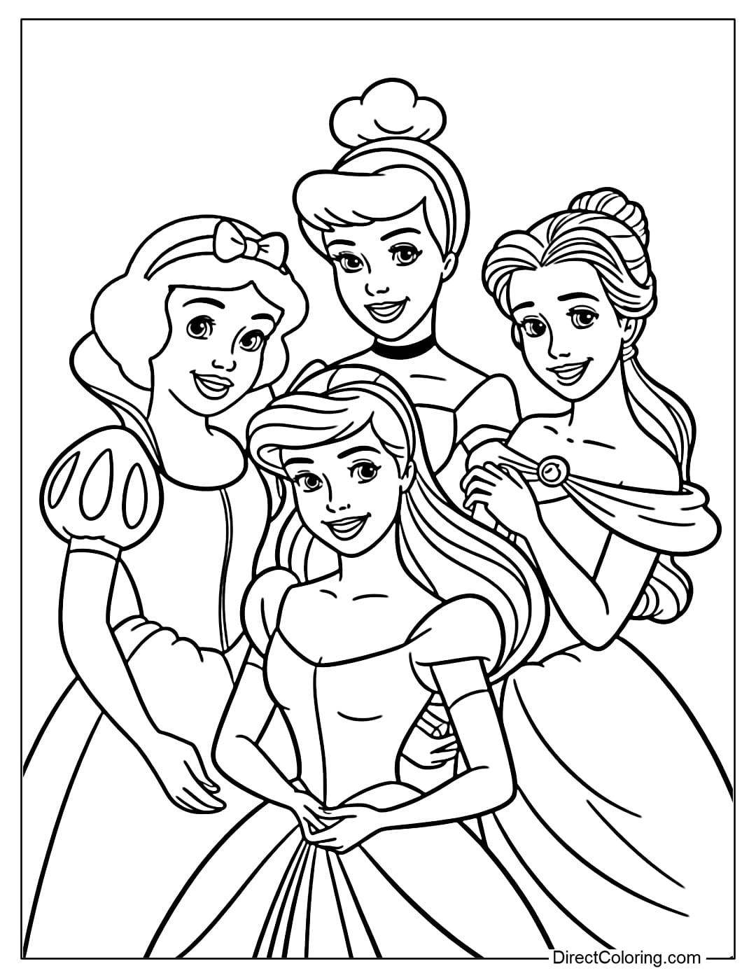 Coloring page of four Disney princesses: Snow White, Cinderella, Ariel, and Belle standing together.