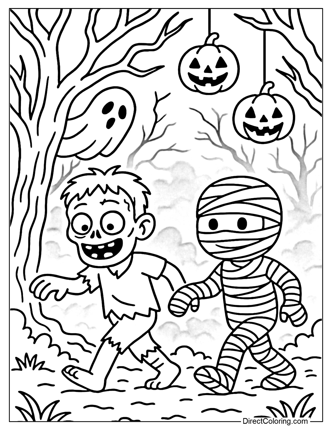 A zombie and mummy coloring page exploring the haunted forest, ghosts hiding behind dry trees, thick fog, a few hanging pumpkin lanterns.