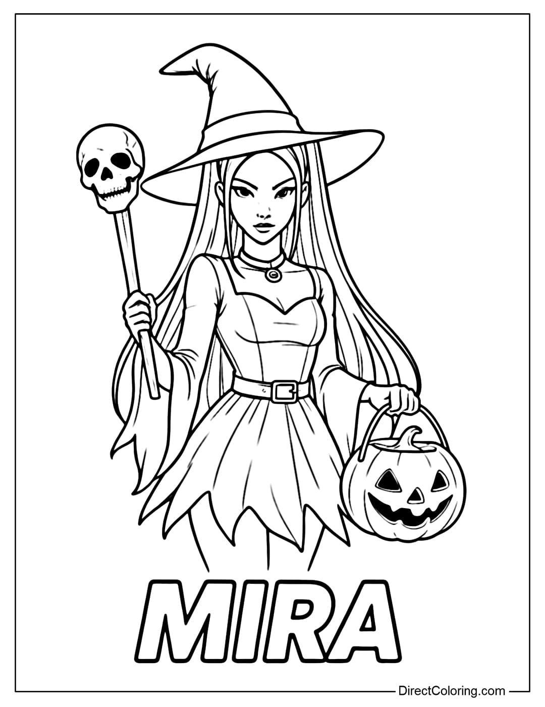 Coloring Page of Mira from KPop Demon Hunters dresses as a witch, holding a skull staff and a pumpkin bucket.